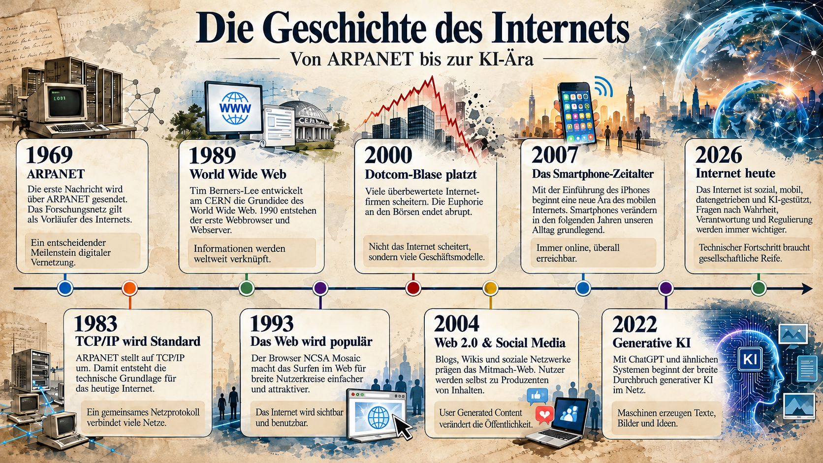 Historische Zeitleiste zur Entwicklung des Internets von ARPANET 1969 über das World Wide Web und Web 2.0 bis zur generativen KI 2026.
